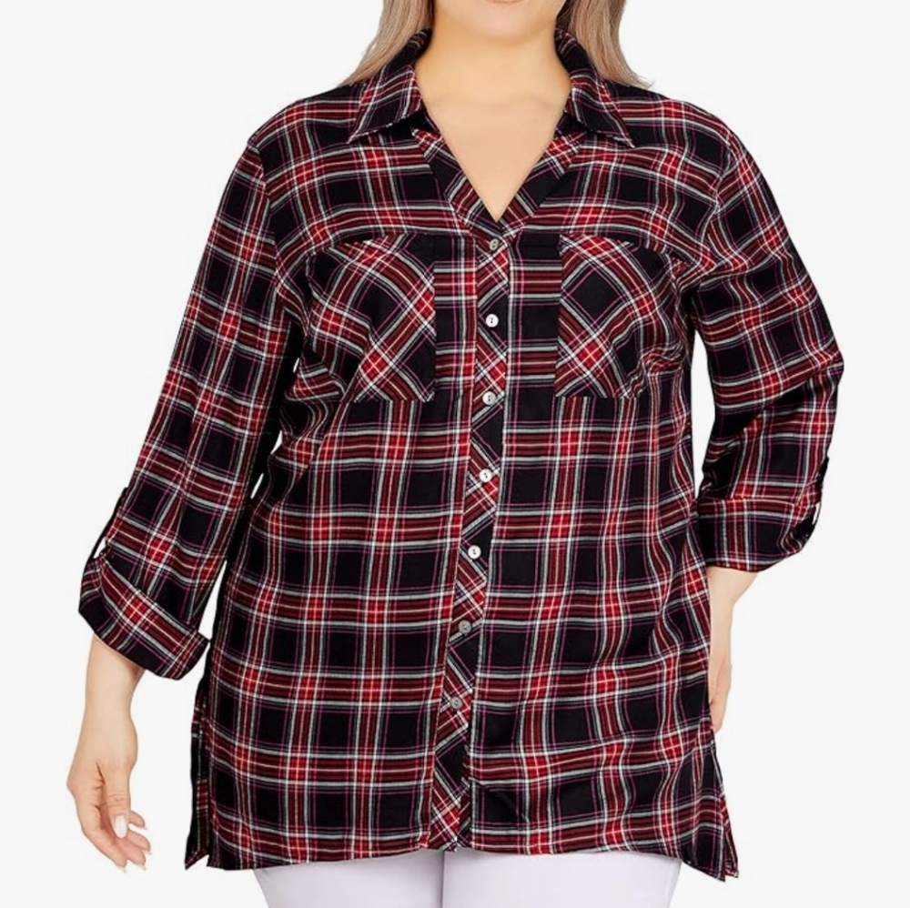 RUBY RD. Women's Plus-Size Black and Red Plaid Flannel Top 2X NWT